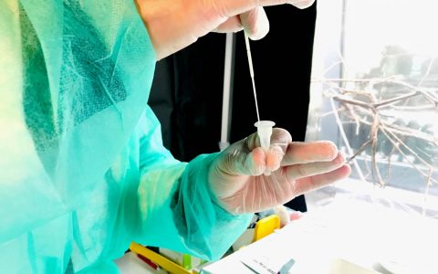Apotheke: Schnelltest, der Tupfer wird eben in der Lösung gemäß den Vorgaben zehnmal nach rechts und dann nach links gedreht.