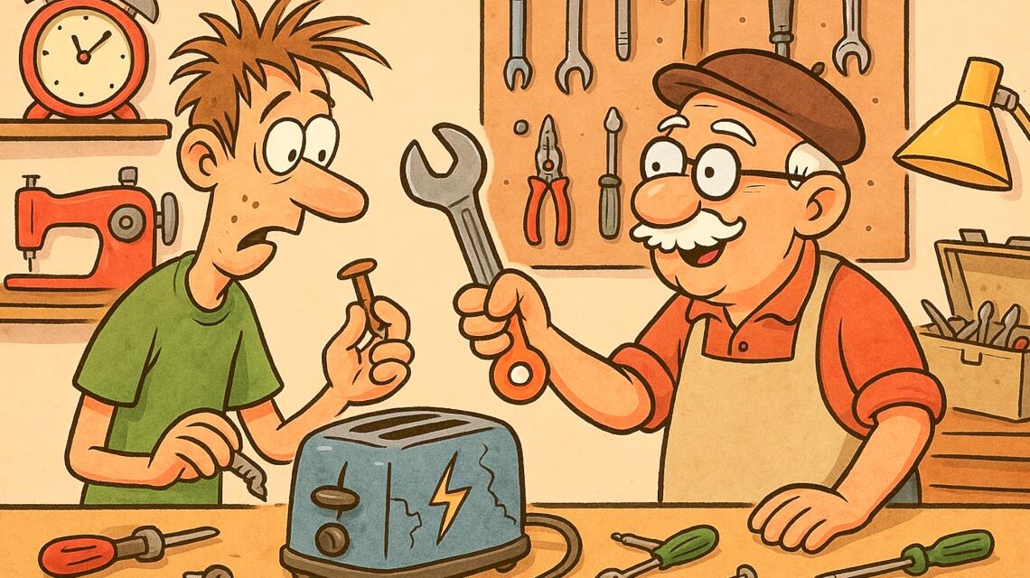 Karikatur, Mechaniker und Tüftler in einer Werkstatt.