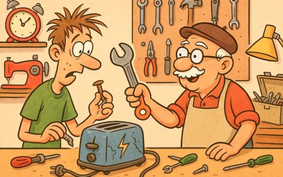 Karikatur, Mechaniker und Tüftler in einer Werkstatt.