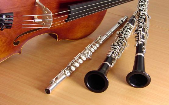 Instrumente, Flöten und Streichinstrument.