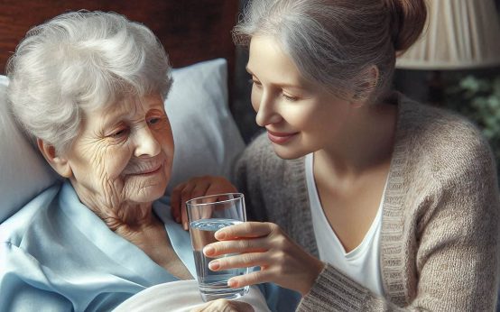 Junge Frau pflegt Mutter, hilft ihr beim Trinken im Bett.