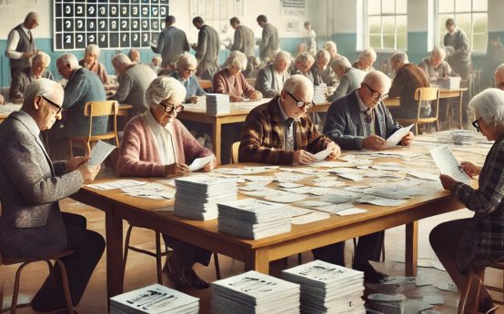 Wahlhelfer, ein Raum mit einem großen Tisch, auf dem Wahlzettel gestapelt sind. Menschen in verschiedenen Altersgruppen, darunter auch ältere Menschen, sitzen oder stehen um den Tisch und zählen die Stimmzettel aus. Einige der Senioren tragen Brillen und konzentrieren sich auf die Zettel. Im Hintergrund sieht man eine Tafel oder ein Flipchart mit Wahlergebnissen. Die Atmosphäre ist ruhig und organisiert, mit einem Gefühl von Verantwortung. Der Raum ist hell erleuchtet und wirkt wie ein Gemeinschaftszentrum oder ein Wahllokal