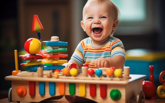 Strahlendes Kind mit Spielzeug, vielleicht i Kinderhaus Elsässer Platz?