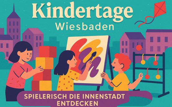 Kinder stapeln XXL-Bauklötze, malen auf großen Leinwänden und begegnen Stelzenläufern bei den Kindertagen in Wiesbadens Innenstadt.