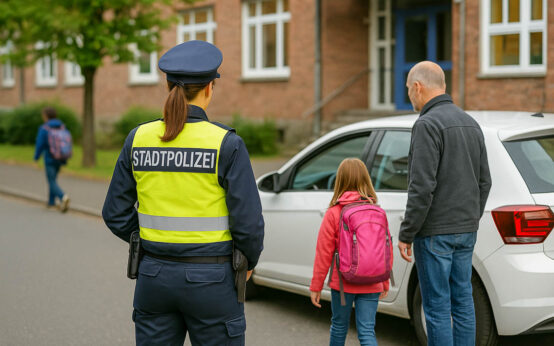 Vater holt seine Tochter von der Schule ab, Elterntaxi.
