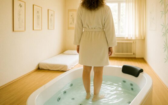 Frau in einem Zimmer mit Whirlpool und Matratze.