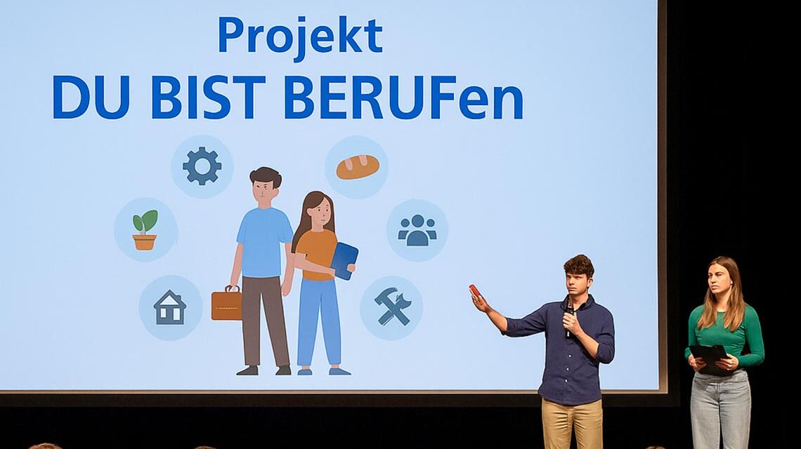 Schülerinnen und Schüler präsentieren ihre Erfahrungen der Aktionswoche „Du bist BERUFen“ in der Wartburg des Hessischen Staatstheaters Wiesbaden