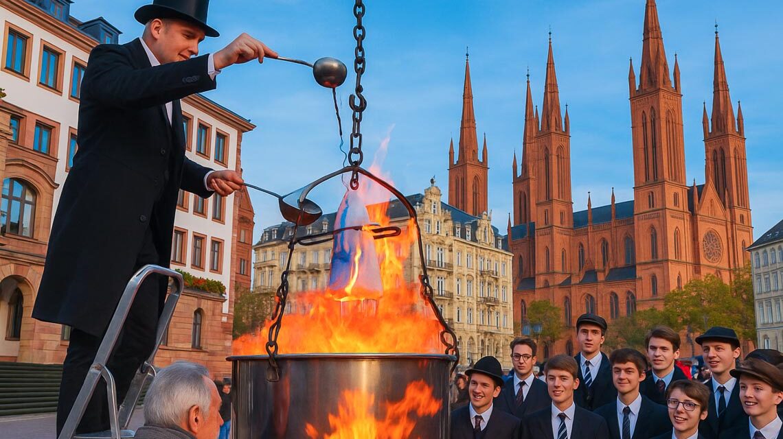 Feuerzangenbowle auf dem Schlossplatz, bildliche Anmutung mit KI generiert.